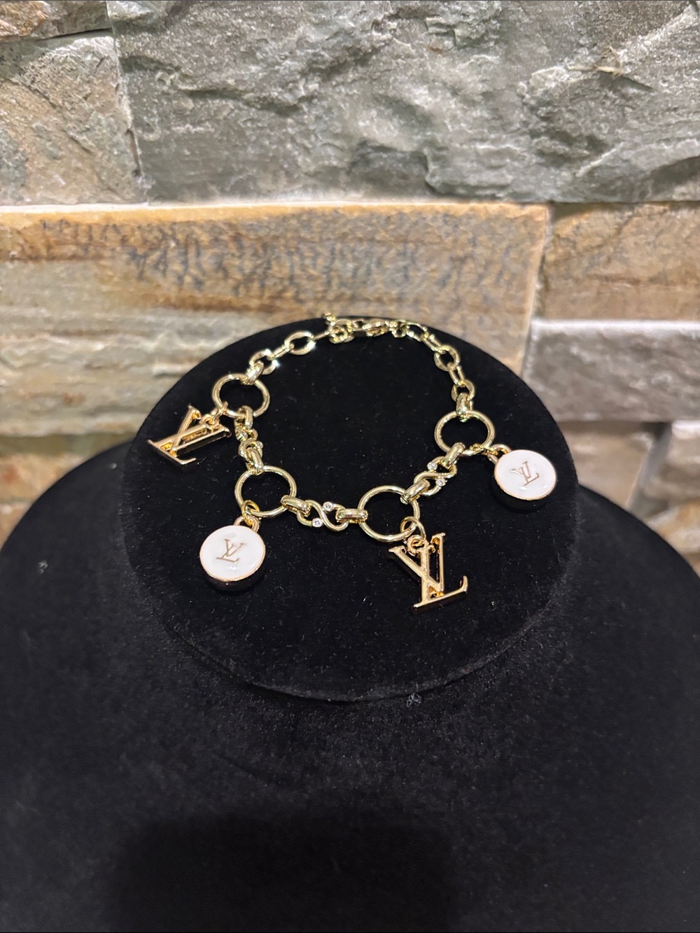Gold Chain Bracelet with White Enamel Mini LV Disc Charms